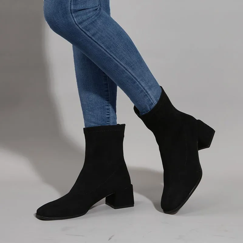 Suede Back Zipper Chunky Heeled Ankle Boots Suede Back Zipper Chunky Heeled Boots