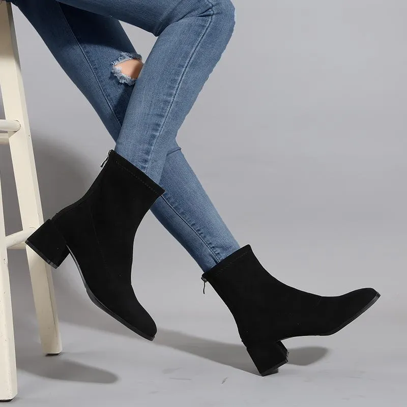 Suede Back Zipper Chunky Heeled Ankle Boots Suede Back Zipper Chunky Heeled Boots