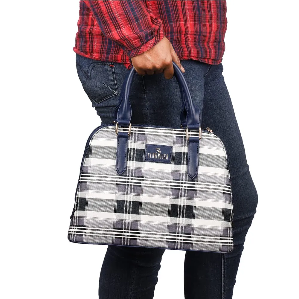 THE CLOWNFISH Andrea Handbag for Women Office Bag Ladies Shoulder Bag Tote For Women College Girls-Checks Design (Navy Blue)