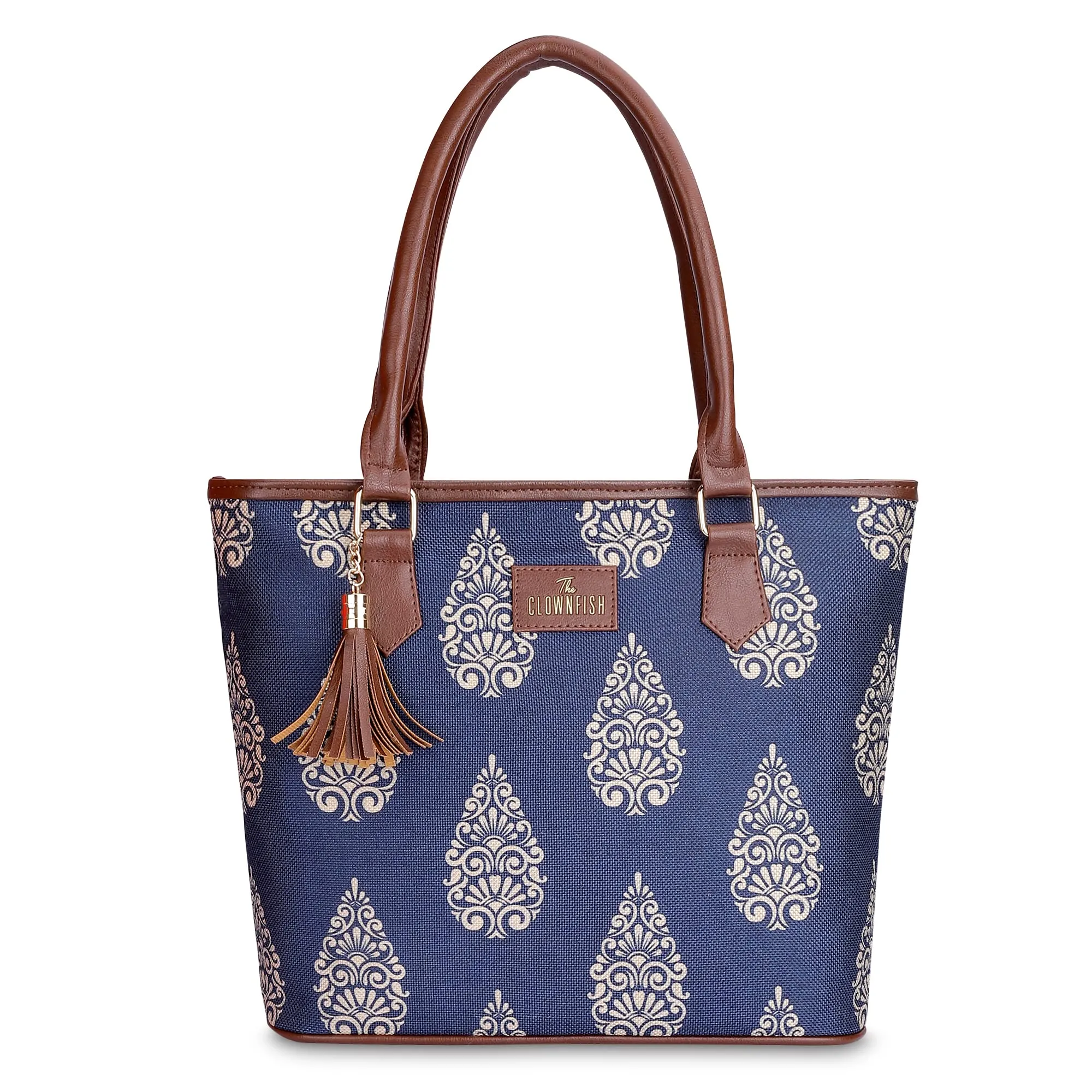 THE CLOWNFISH Aviva Printed Handicraft Fabric Handbag for Women Office Bag Ladies Shoulder Bag Tote for Women College Girls (Navy Blue)