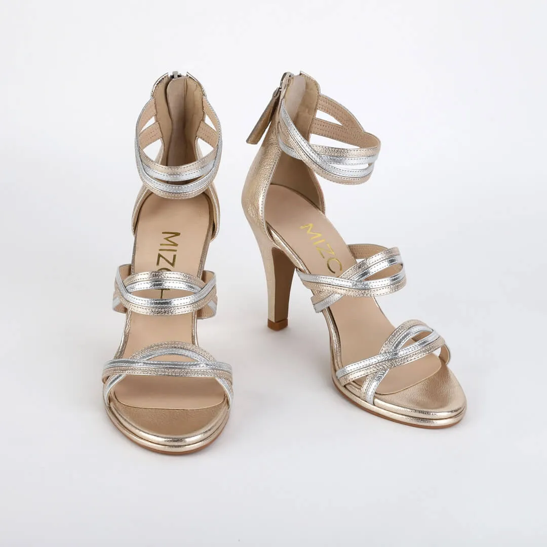 *UK size 2.5 - PRETZEL - metalic gold/silver, 9/0.5cm heels