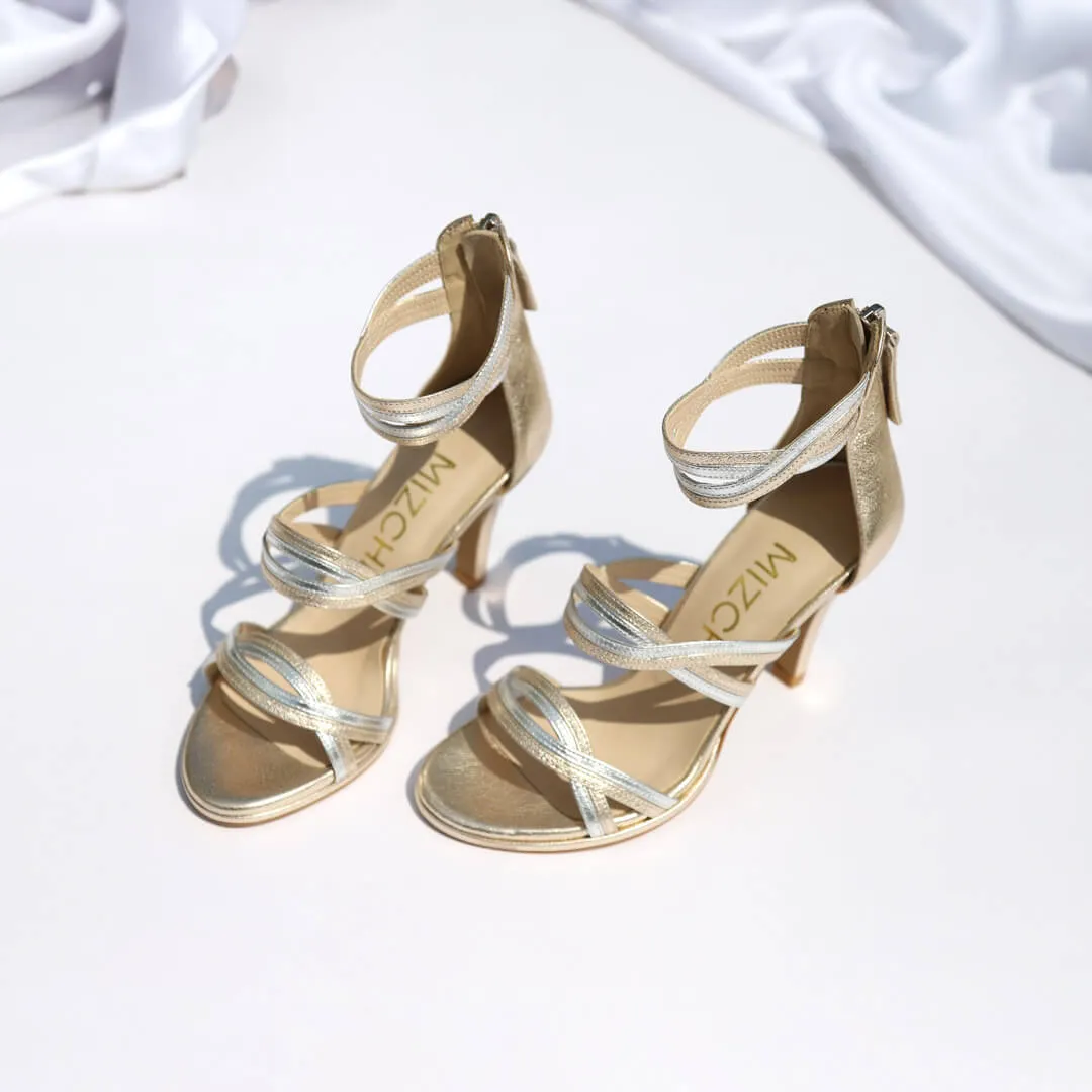 *UK size 2.5 - PRETZEL - metalic gold/silver, 9/0.5cm heels