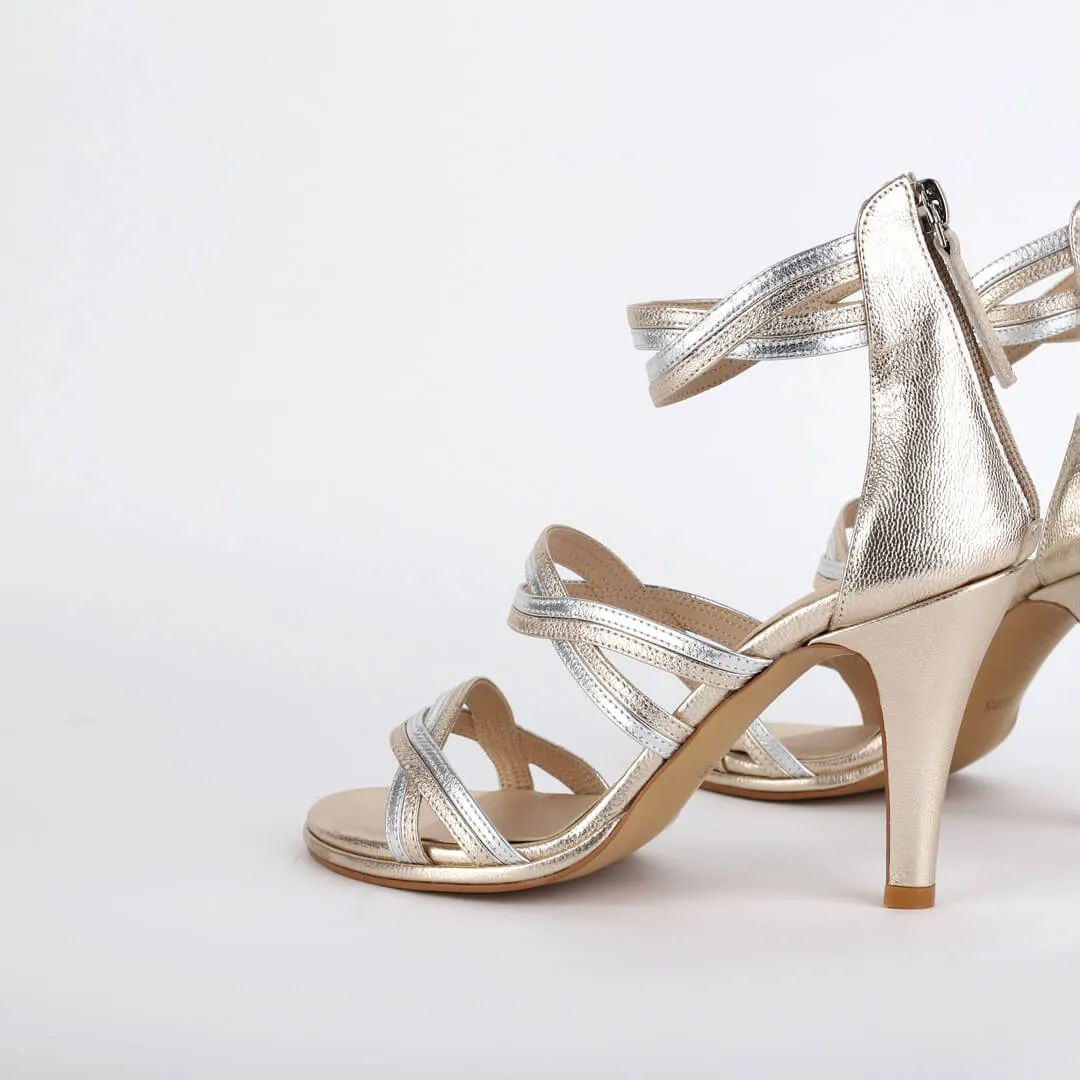 *UK size 2.5 - PRETZEL - metalic gold/silver, 9/0.5cm heels