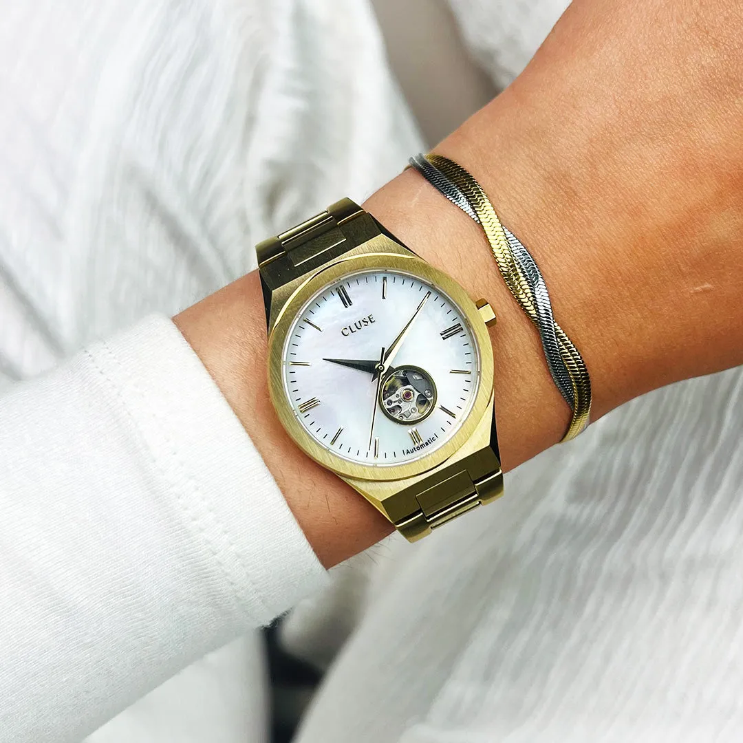 Vigoureux Automatic Watch, White MOP, Gold Colour.