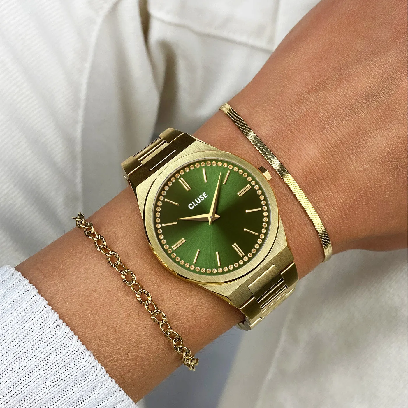 Vigoureux Watch Steel, Green Stones, Gold Colour