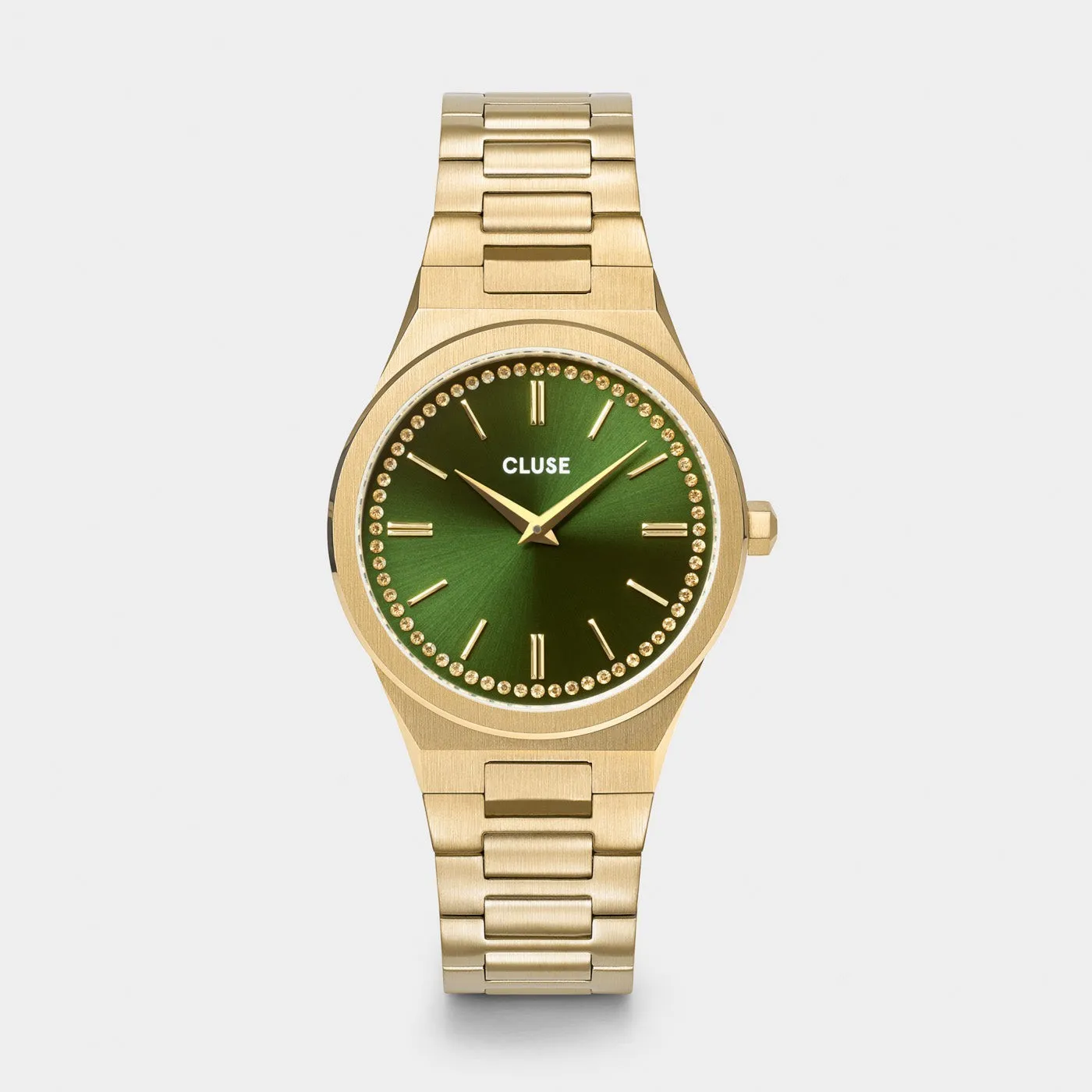 Vigoureux Watch Steel, Green Stones, Gold Colour