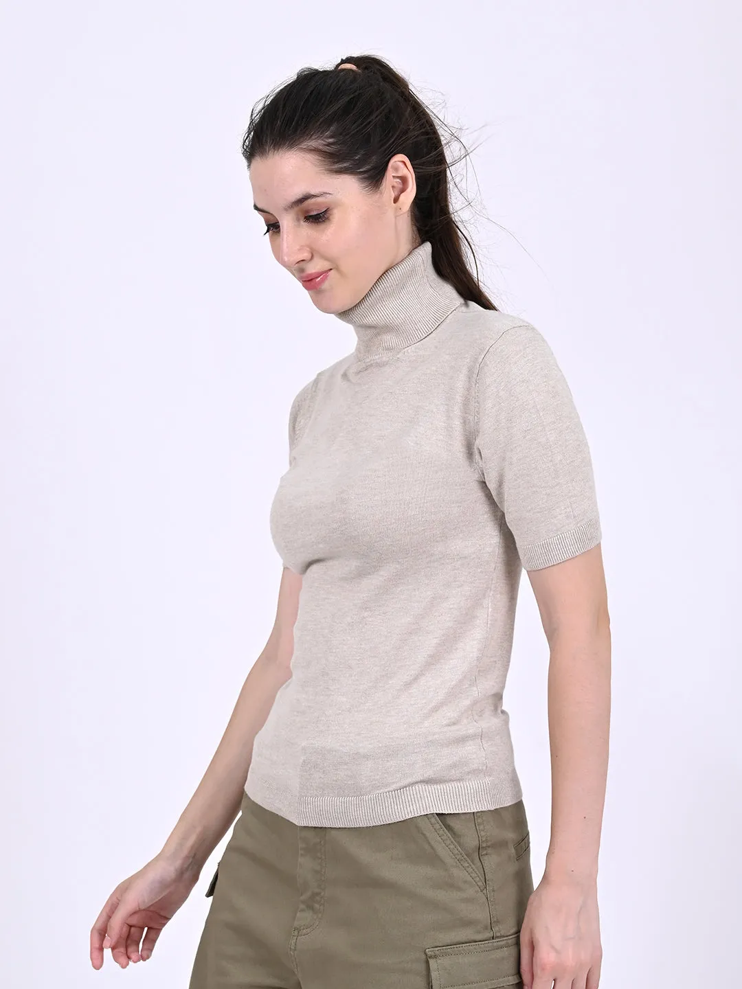 Women Beige High Neck Top