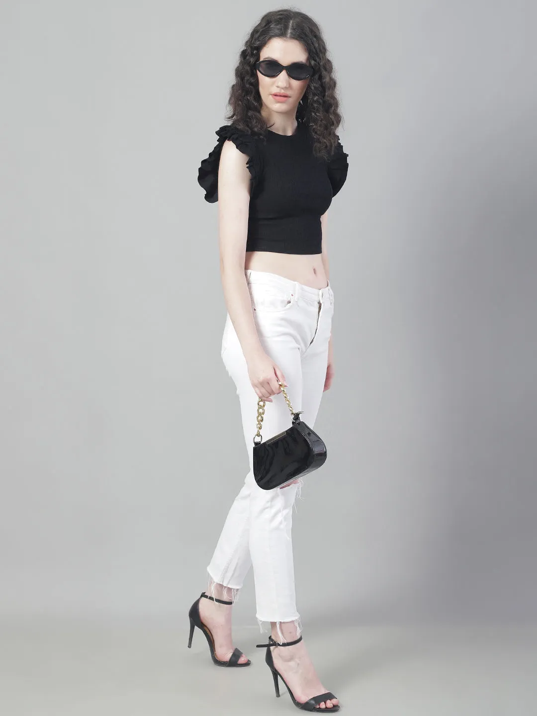 Women Black Frilled Crop Top