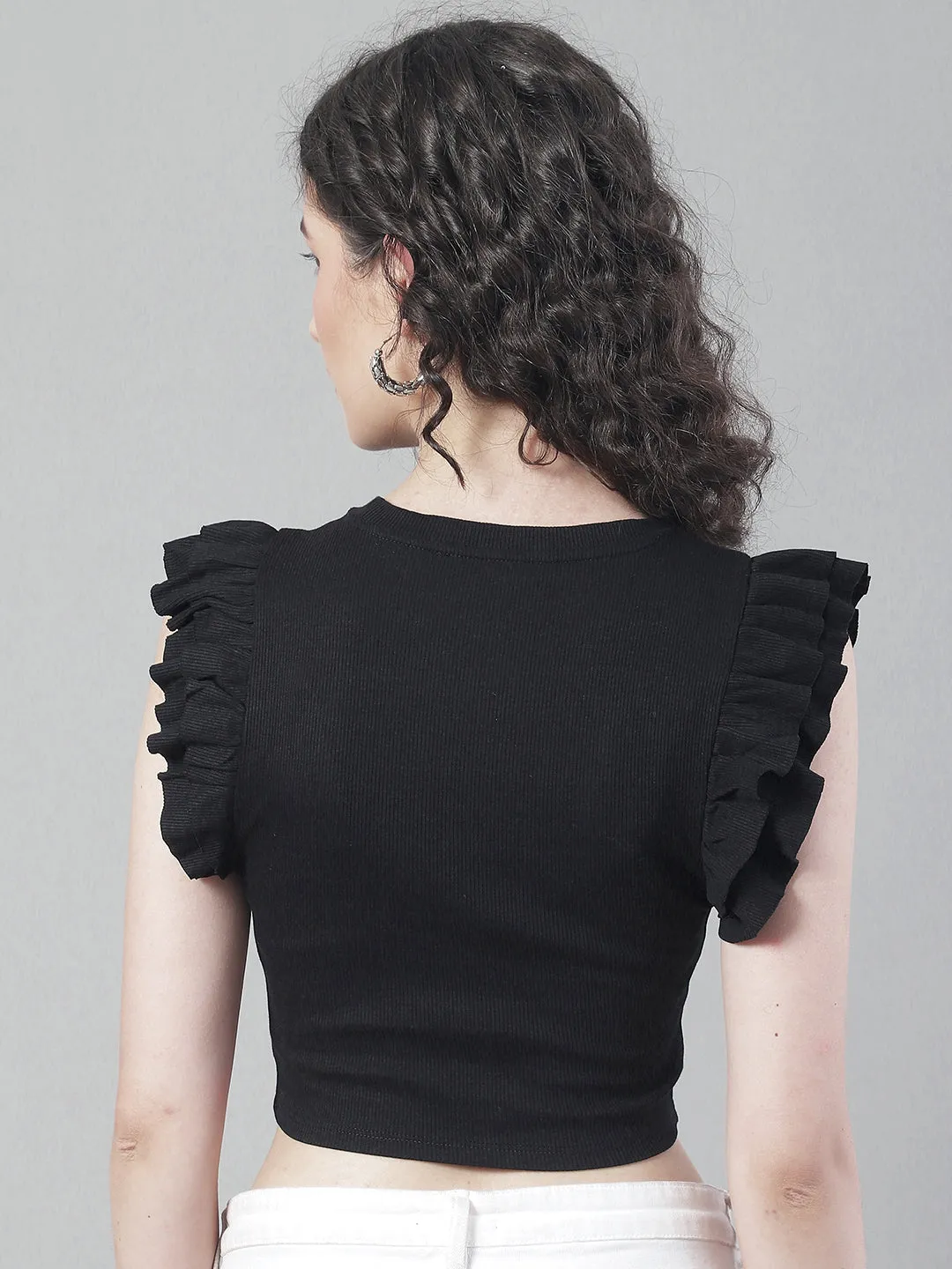 Women Black Frilled Crop Top