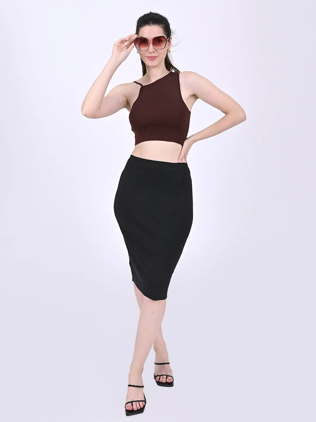 Women Black Midi Pencil Skirt