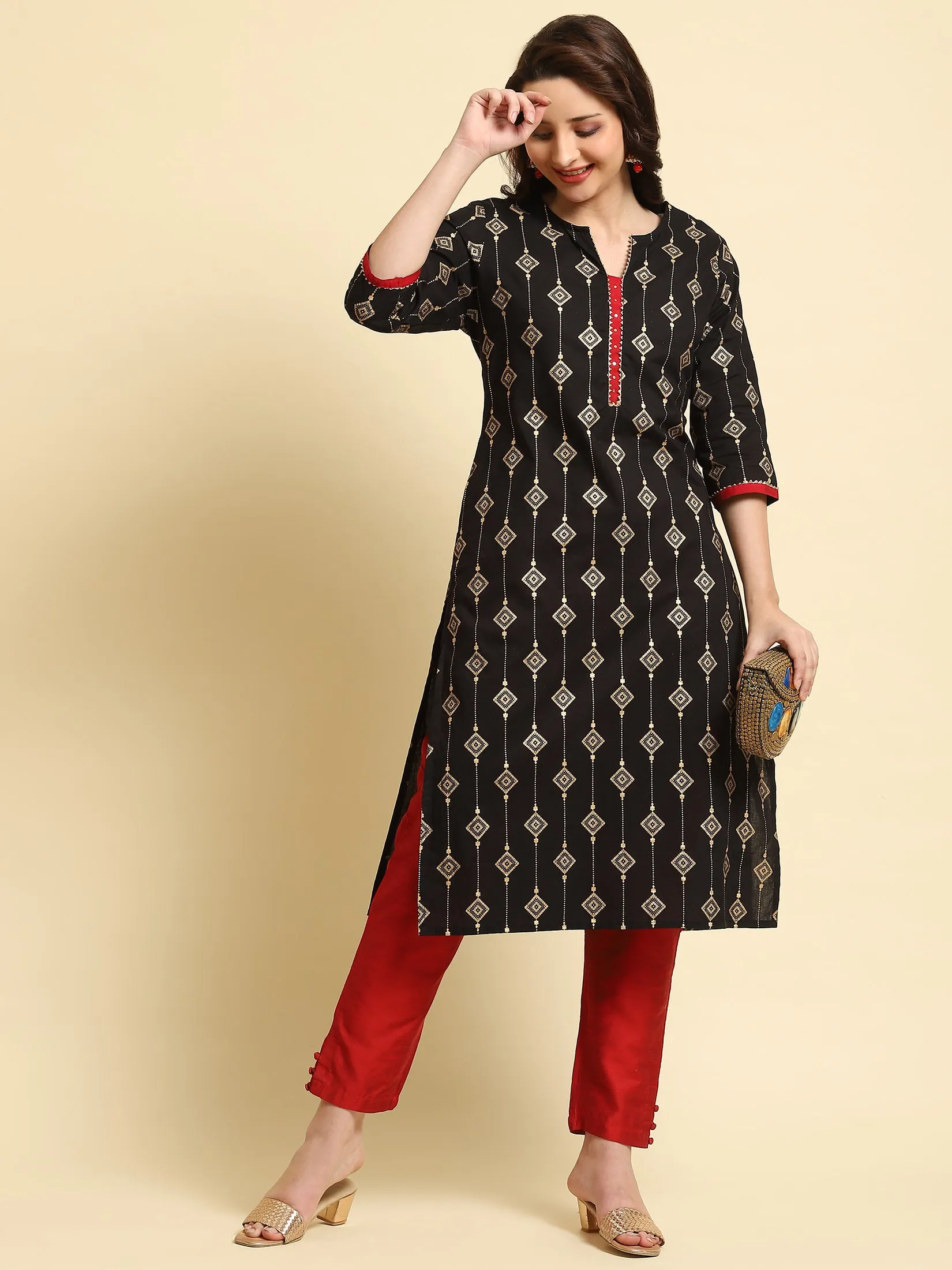 Women Black Ornamental Print Kurta