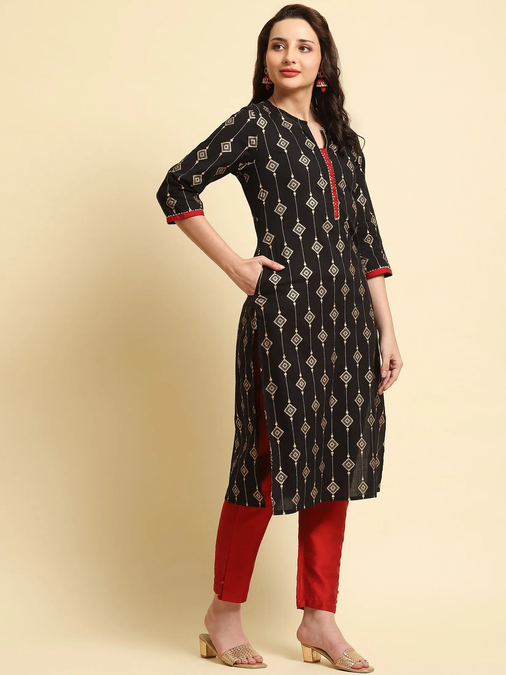 Women Black Ornamental Print Kurta