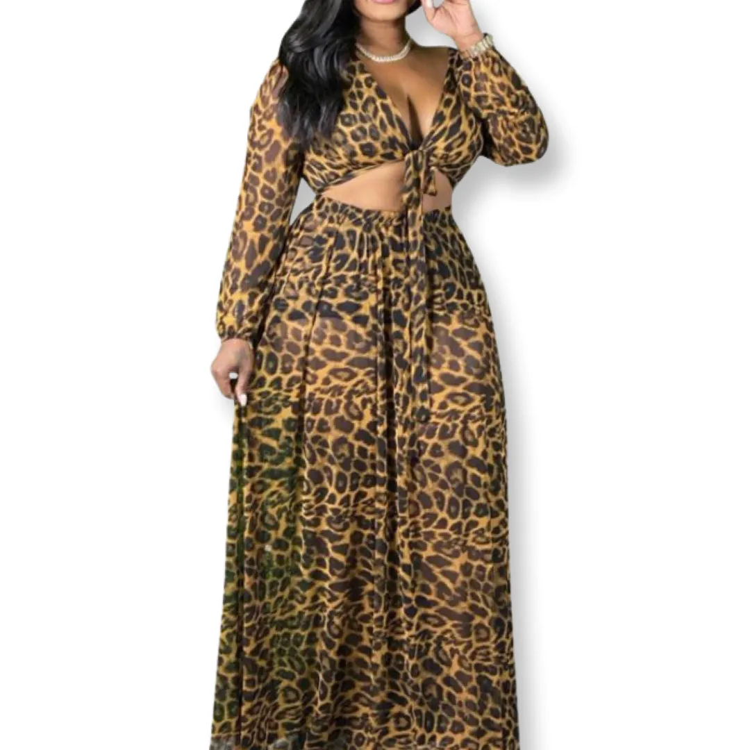 WOMEN CHEETAH PRINT TWIN LONG SLEEVE LACE UP TOP AND SKIRT OUTFIT SET