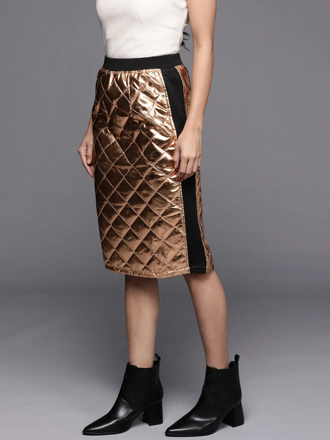 Women Copper Mettalic Pencil Skirt