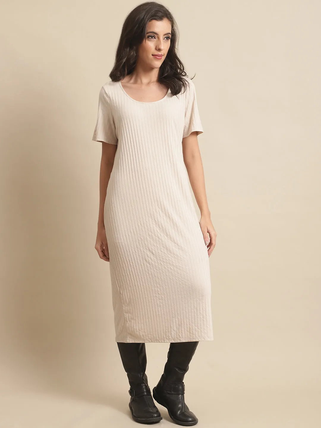 Women Cream Knee Length Dress