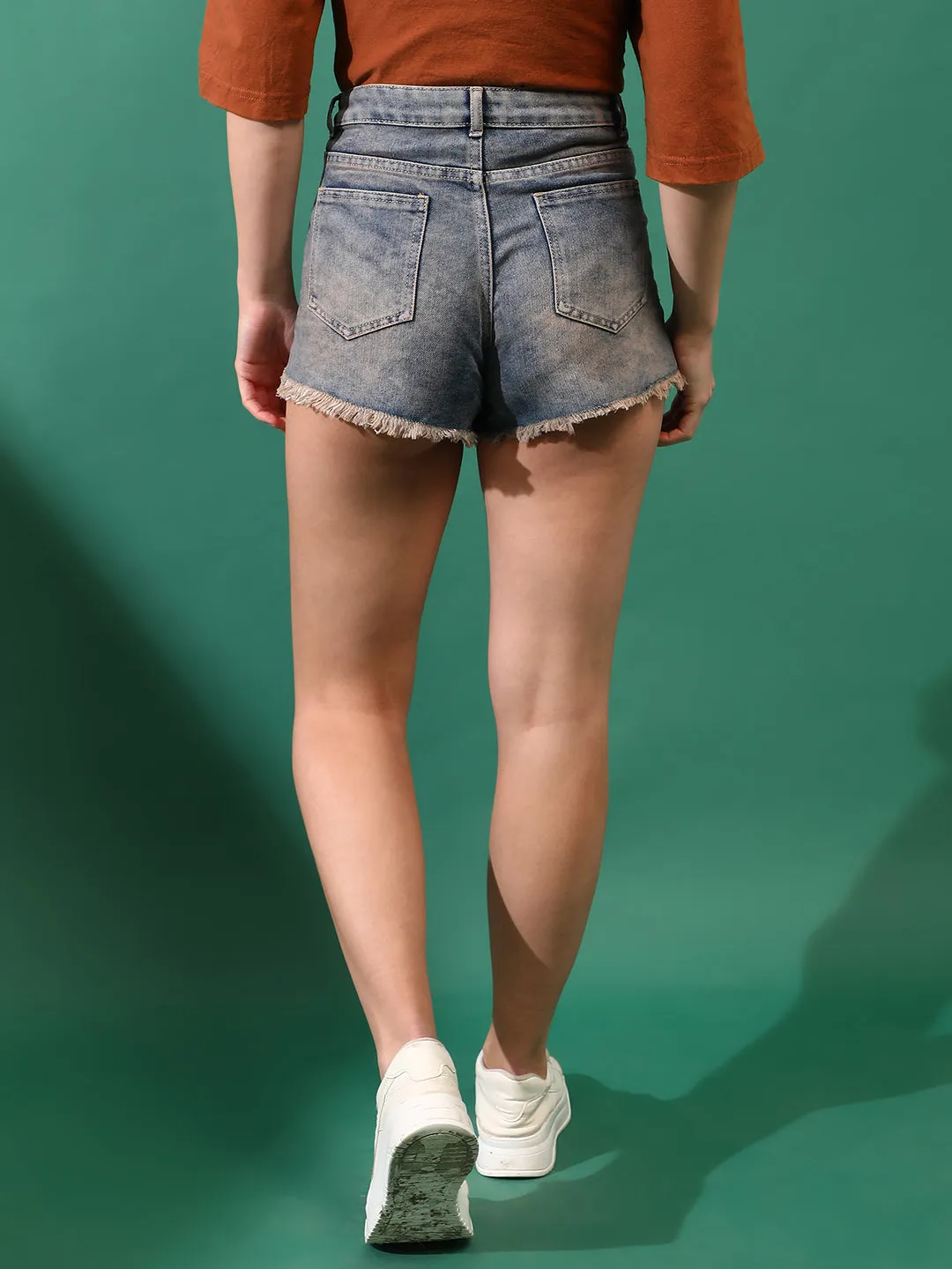 Women Denim Solid Brown Shorts