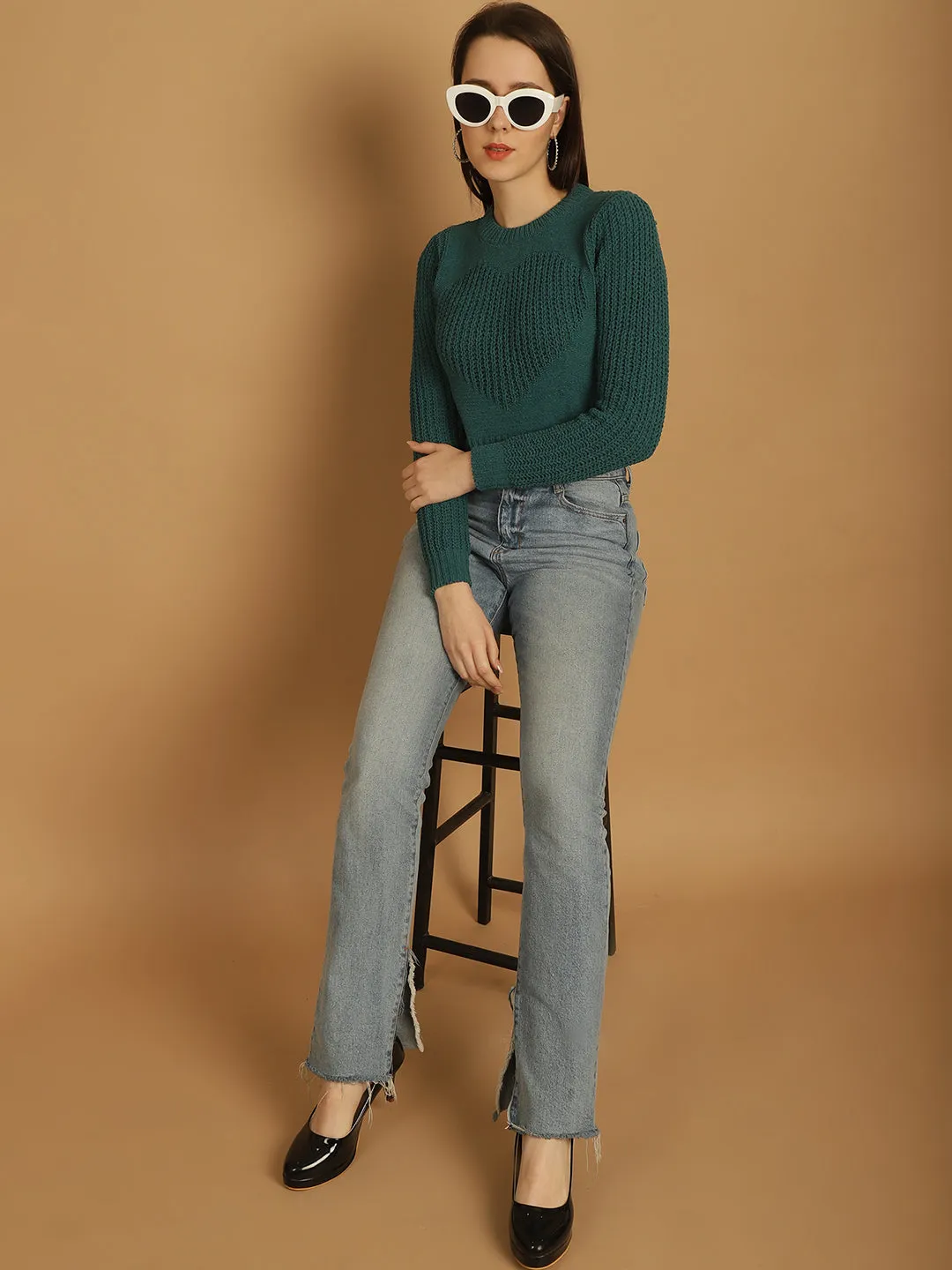 Women Green Viscose Crop Sweater