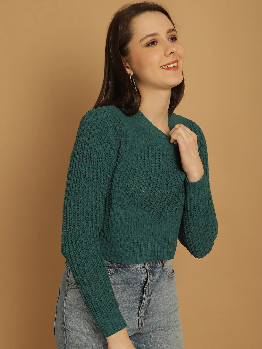 Women Green Viscose Crop Sweater