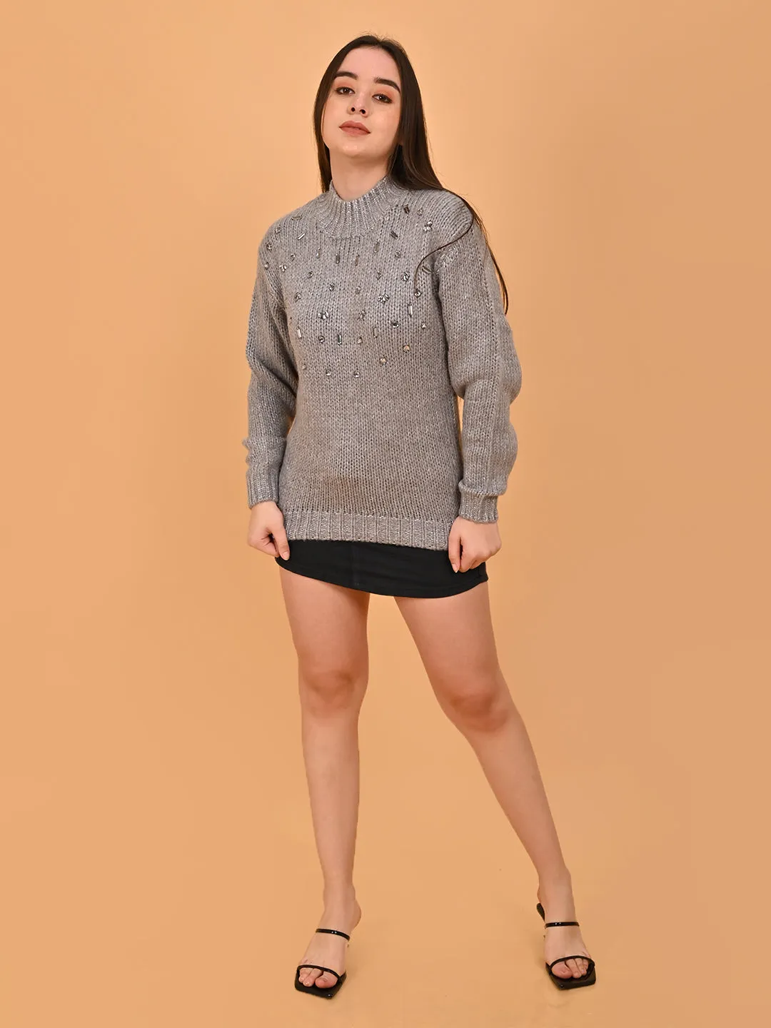 Women Grey Mock Neck Sweater