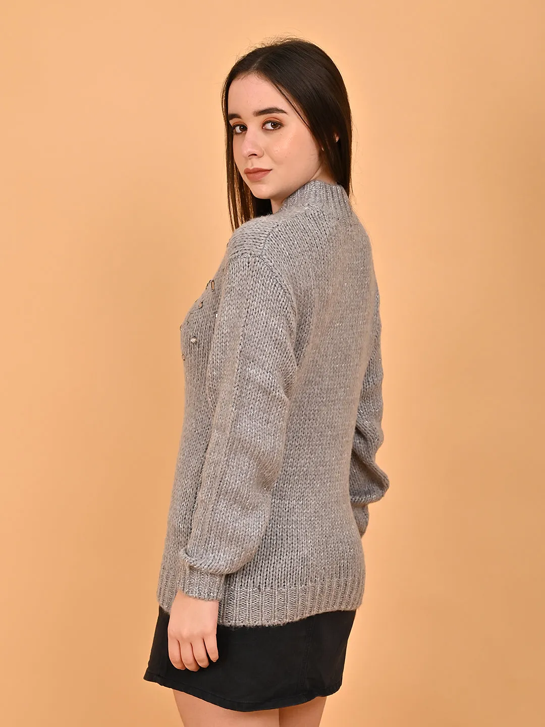 Women Grey Mock Neck Sweater