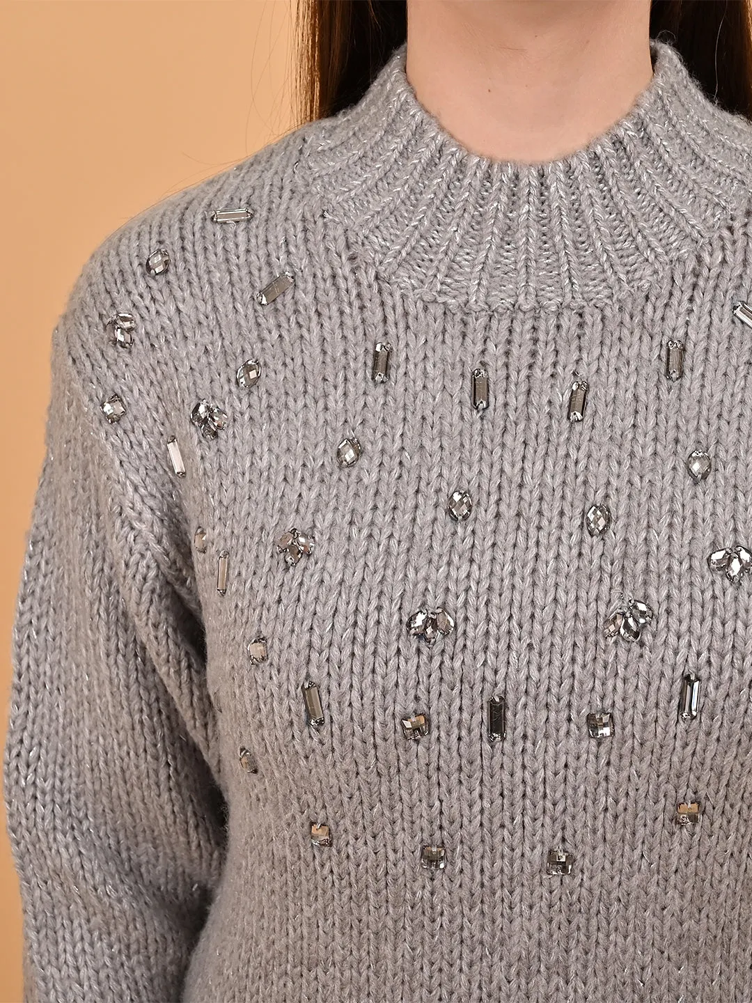 Women Grey Mock Neck Sweater